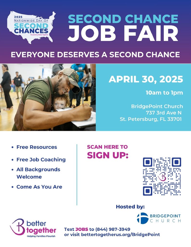 💼If you're searching for work, join the 2nd Chance #JobFair from 10am-1pm on Weds, 4/30 at <a href="/bridgepointfl/">BridgePoint Church</a> in <a href="/StPeteFL/">St. Petersburg, FL</a>
👉What to expect: job coaching, resources, and employer connections
📲Details: bettertogetherus.org/BridgePoint

<a href="/BTogetherOrg/">Better Together</a> #PinellasCoC #EndingHomelessnessTogether