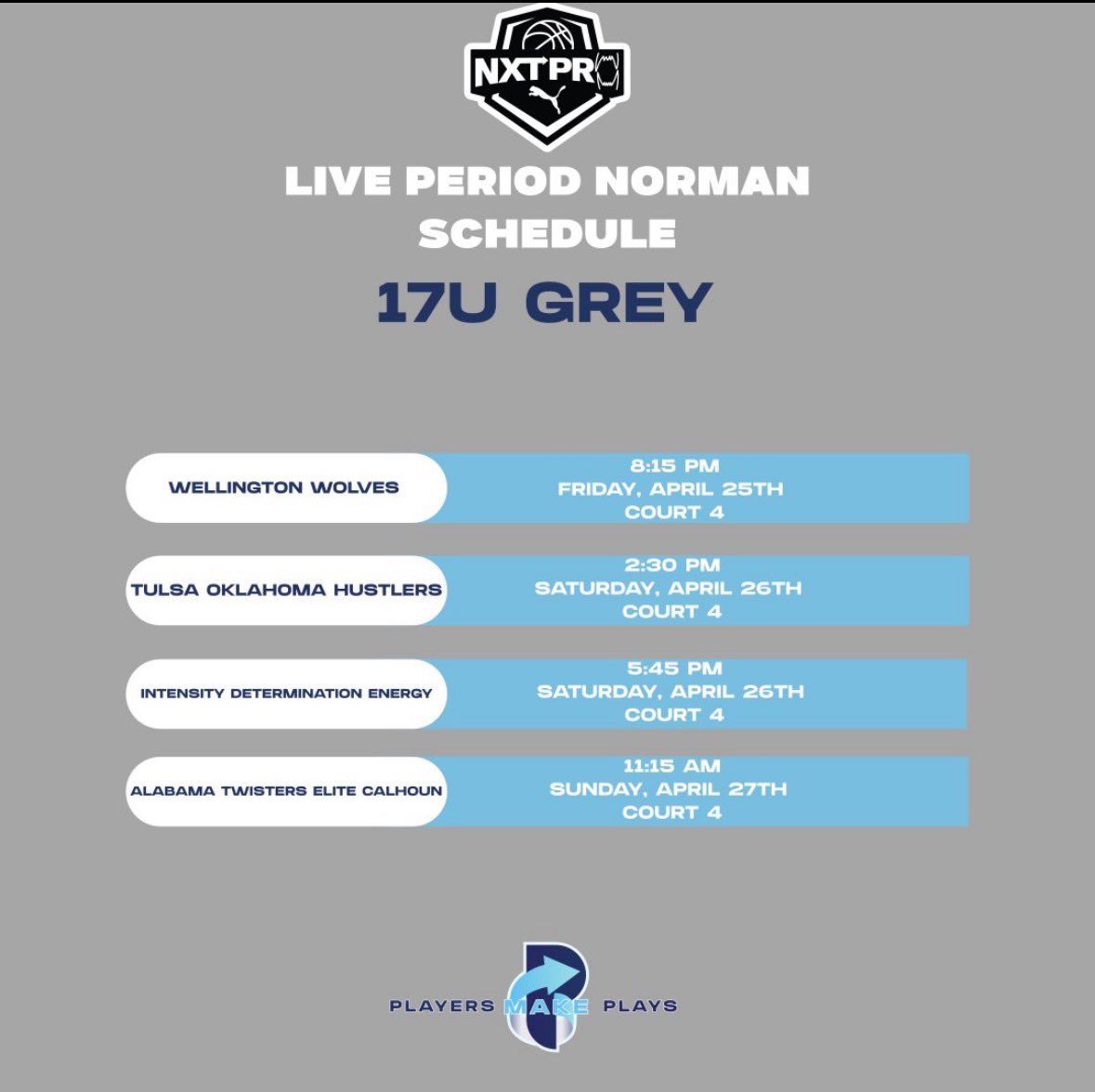 Tisha Ornelas (@tishaornelas26) on Twitter photo Hey coaches, come check me and my team play this weekend in Norman, OK 👀
<a href="/pmpgirlsbball/">Players Make Plays (PMP) Girls Basketball</a> <a href="/realcoachc4/">Coach C</a> <a href="/PRO16G/">NXTPRO Girls League</a> Hey coaches, come check me and my team play this weekend in Norman, OK 👀
<a href="/pmpgirlsbball/">Players Make Plays (PMP) Girls Basketball</a> <a href="/realcoachc4/">Coach C</a> <a href="/PRO16G/">NXTPRO Girls League</a>