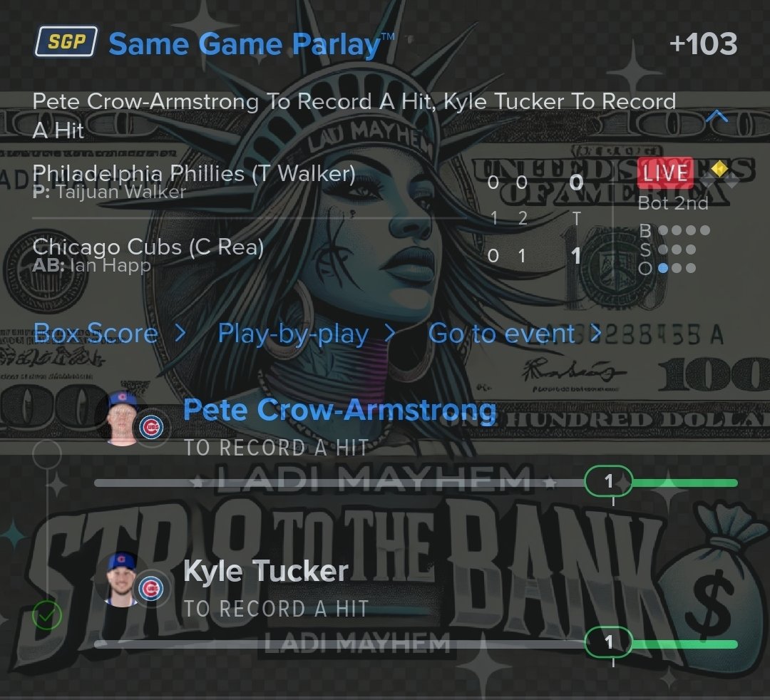 Ladi_Mayhem's tweet photo. Sliiiiiide to the bank with this one
Another one STR8 TO THE BANK
Kyle Tucker & Pete Crow-Armstrong both cash their hits early!
+103 to the bankroll.
Mayhem Made. Bank Expected ๐ฆ
#LadiMayhem #HitQueens #MLBPicks #SportsBettor #StraightCash #SameGameParlay #MayhemMade https://t.co/vfJBMN7Wdi