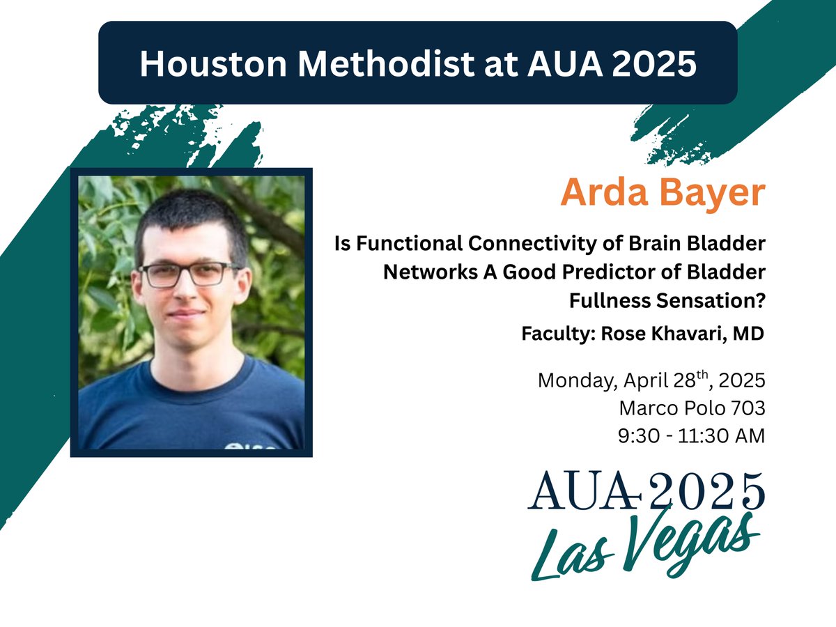 Join Arda Bayer at #AUA25 tomorrow presenting, "Is Functional Connectivity of Brain Bladder Networks A Good Predictor of Bladder Fullness Sensation?"

🕑 9:30 - 11:30 AM
🗺️ Marco Polo 703
<a href="/AmerUrological/">Amer. Urol. Assn.</a> <a href="/rosekhavari/">Rose Khavari MD</a>