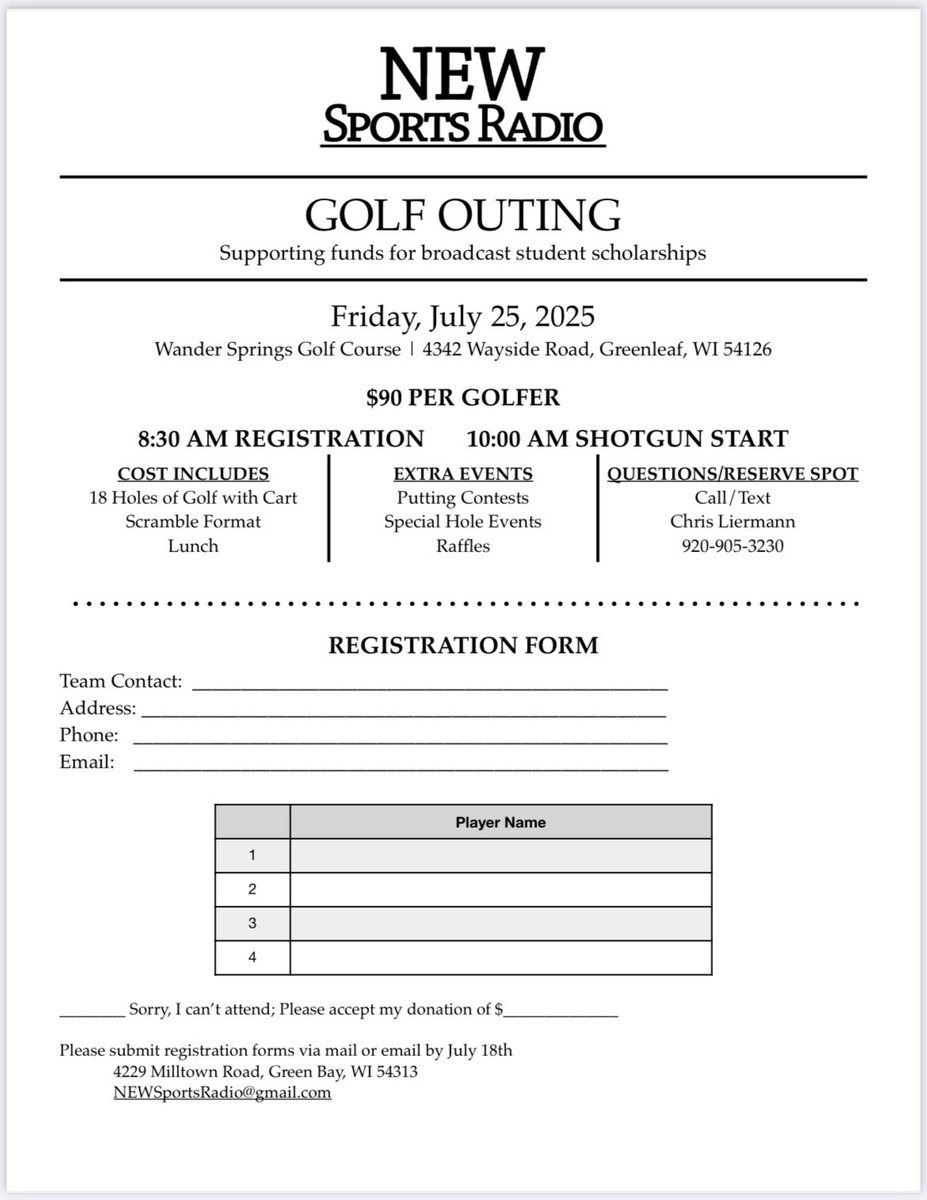 Kiel Raider Radio (@radiokiel) on Twitter photo Join us in Three Months!
๐๐ผ๐๐ ๐๐๐ ๐ฟ๐ผ๐๐
Come join us for our Annual <a href="/NEWsportsradio/">NEW Sports Radio</a> Golf Outing โณ๏ธ
Supporting our Student Broadcasters with Scholarships
Friday, July 25th, 2025๐๏ธ
Get a Foursome together and play with us from Wander Springs Golf Course Join us in Three Months!
๐๐ผ๐๐ ๐๐๐ ๐ฟ๐ผ๐๐
Come join us for our Annual <a href="/NEWsportsradio/">NEW Sports Radio</a> Golf Outing โณ๏ธ
Supporting our Student Broadcasters with Scholarships
Friday, July 25th, 2025๐๏ธ
Get a Foursome together and play with us from Wander Springs Golf Course