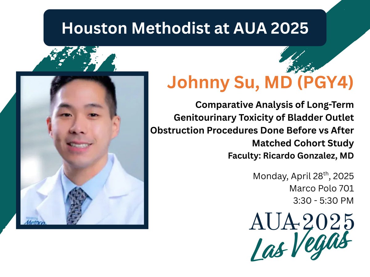 Houston Methodist Urology and Residency Program (@hmethodisturo) on Twitter photo Join <a href="/JohnnySuMD/">Johnny Su, MD</a> at #AUA25 tomorrow presenting, "Comparative Analysis of Long-Term Genitourinary Toxicity of Bladder Outlet Obstruction Procedures Done Before vs After Matched Cohort Study"
🕑 3:30 - 5:30 PM
🗺️ Marco Polo 701
<a href="/AmerUrological/">Amer. Urol. Assn.</a> <a href="/RRGonzalezMD/">Ricardo R Gonzalez MD</a> Join <a href="/JohnnySuMD/">Johnny Su, MD</a> at #AUA25 tomorrow presenting, "Comparative Analysis of Long-Term Genitourinary Toxicity of Bladder Outlet Obstruction Procedures Done Before vs After Matched Cohort Study"
🕑 3:30 - 5:30 PM
🗺️ Marco Polo 701
<a href="/AmerUrological/">Amer. Urol. Assn.</a> <a href="/RRGonzalezMD/">Ricardo R Gonzalez MD</a>