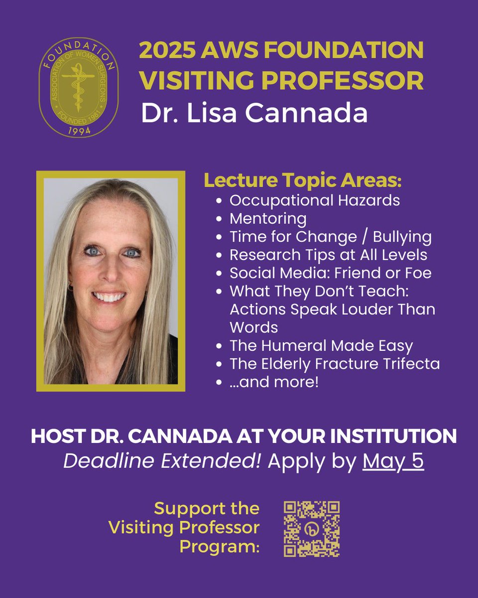 EXTENDED
womensurgeons.org/visiting-profe…

Training programs can apply thru 5/5 to host Dr. Lisa Cannada as Visiting Prof aessor! She presents on many topics that benefit trainees in all areas of surgery, including mentorship, social media, research tips, creating positive change &amp; more.