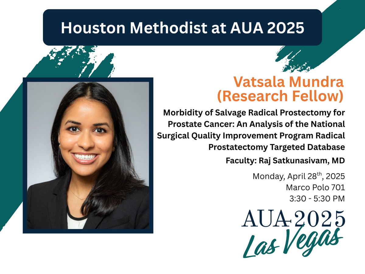 Houston Methodist Urology and Residency Program (@hmethodisturo) on Twitter photo Join <a href="/VatsalaMundra/">Vatsala Mundra</a> at #AUA25 tomorrow presenting, "Morbidity of Salvage Radical Prostectomy for Prostate Cancer: An Analysis of the National Surgical Quality Improvement Program Radical Prostatectomy Targeted Database"
🕑3:30-5:30 PM
🗺️Marco Polo 701
<a href="/AmerUrological/">Amer. Urol. Assn.</a> <a href="/DrRajSat/">Raj Satkunasivam</a> Join <a href="/VatsalaMundra/">Vatsala Mundra</a> at #AUA25 tomorrow presenting, "Morbidity of Salvage Radical Prostectomy for Prostate Cancer: An Analysis of the National Surgical Quality Improvement Program Radical Prostatectomy Targeted Database"
🕑3:30-5:30 PM
🗺️Marco Polo 701
<a href="/AmerUrological/">Amer. Urol. Assn.</a> <a href="/DrRajSat/">Raj Satkunasivam</a>