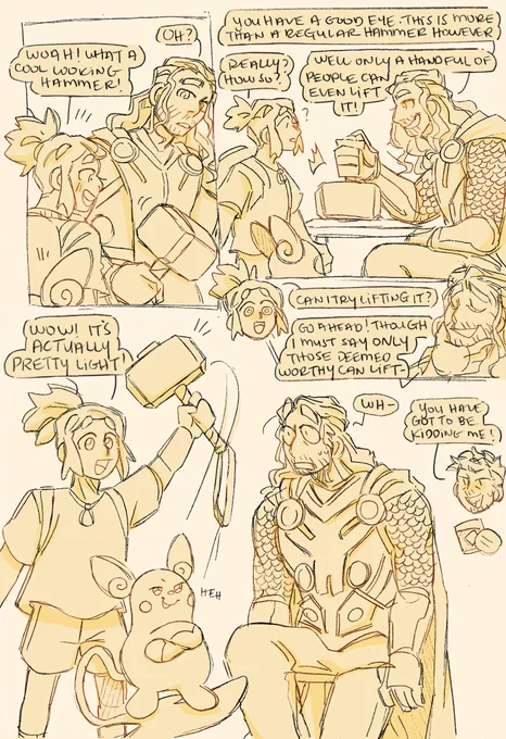 commission for @/aialaau: Thor explaining that only those worthy can pick up Mjölnir and Hau picking it up with easy 