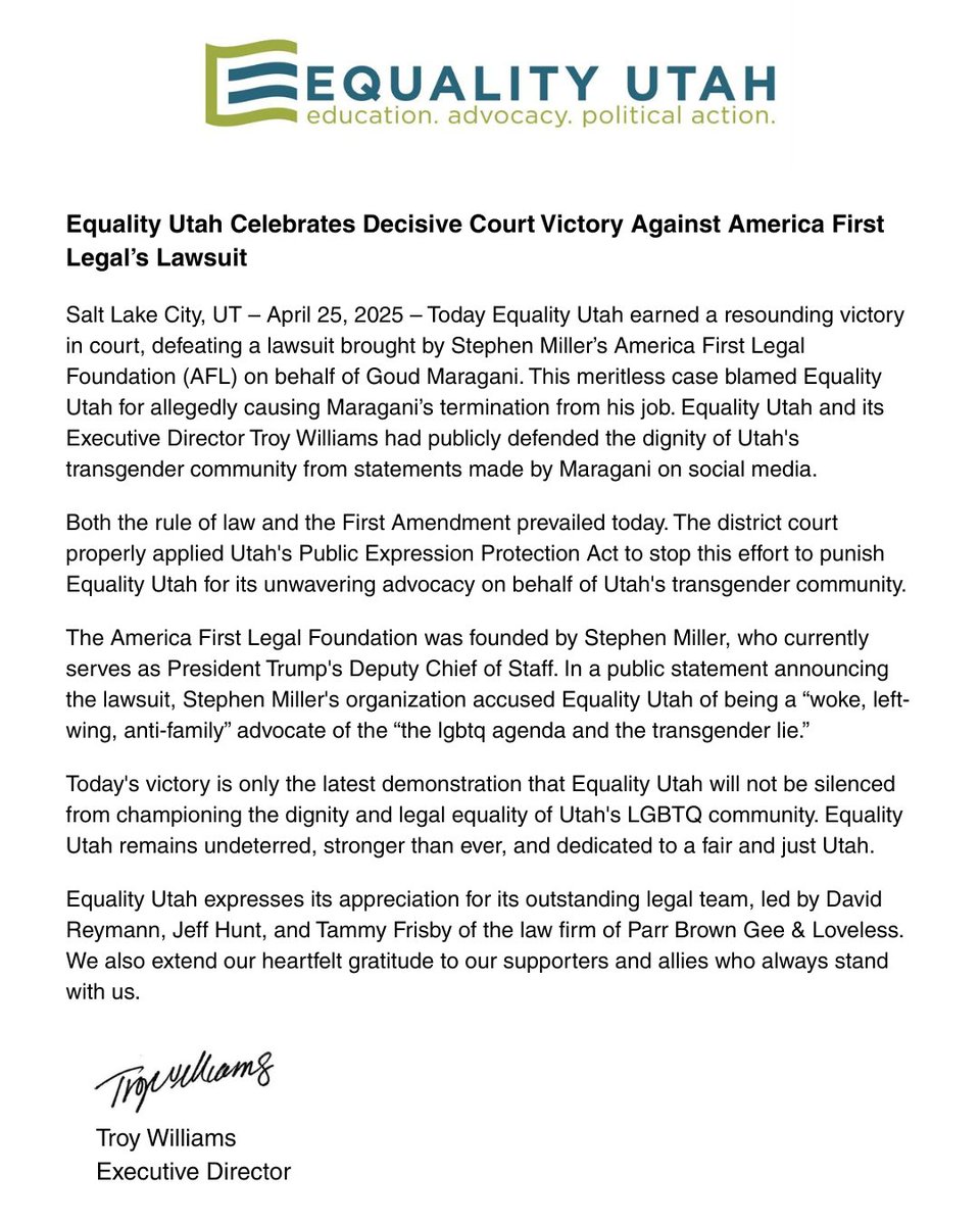 Troy Williams (@troywilliamsut) on Twitter photo Today we earned a resounding victory in court, defeating a lawsuit brought by Stephen Miller's America First Legal. We will not be silenced. Today we earned a resounding victory in court, defeating a lawsuit brought by Stephen Miller's America First Legal. We will not be silenced.