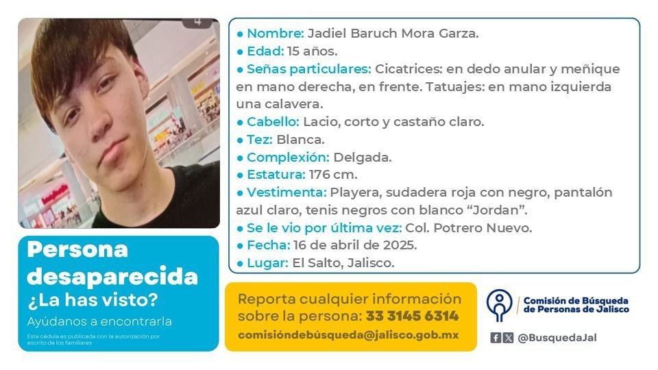 Se reporta otro menor de edad desaparecido en El Salto, Jalisco.