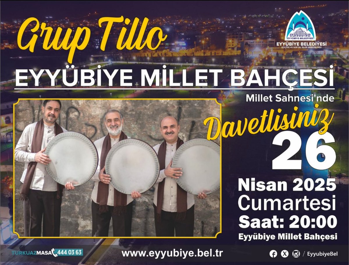 Eyyübiye ilçemizin Millet Bahçesi’nde düzenlenecek bu anlamlı gecede, ilahi ve ezgileriyle gönüllere dokunan Grup Tillo sahne alıyor. Müziğin ve maneviyatın buluştuğu bu özel anlara siz de ortak olmaya davetlisiniz.
<a href="/mehmetkusnet/">Mehmet Kuş 🇹🇷</a> <a href="/eyyubiye_kadkol/">Eyyübiye Ak Kadınlar</a>
<a href="/akpartieyyubiye/">AK PARTİ EYYÜBİYE</a>