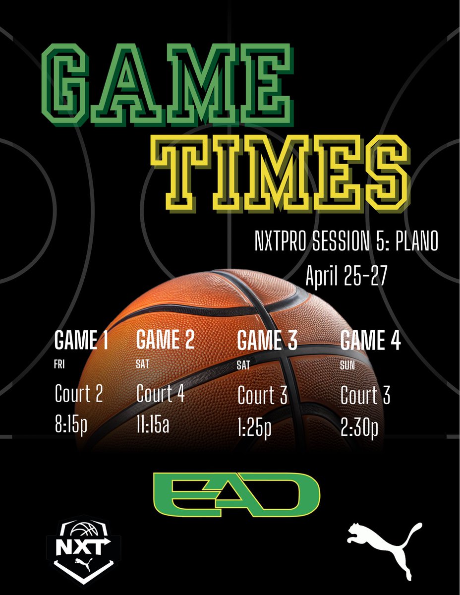 This weekends schedule
<a href="/NxtProHoops/">NXTPRO Hoops</a> Session 5: Plano, Tx
<a href="/EADDFW_MBB/">EAD</a> 🎥