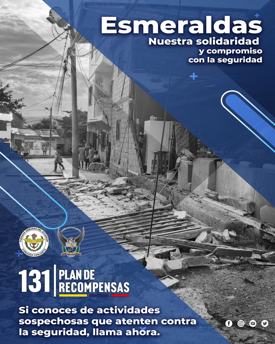 📌Esmeraldas, nuestra solidaridad y compromiso con la seguridad.

ℹ ¿Tienes información sobre actividades delictivas que puedan atentar contra la seguridad?

📞 Llama al 131 de forma segura y anónima.
💰Tu información puede ser recompensada.
🤝 ¡Juntos podemos!