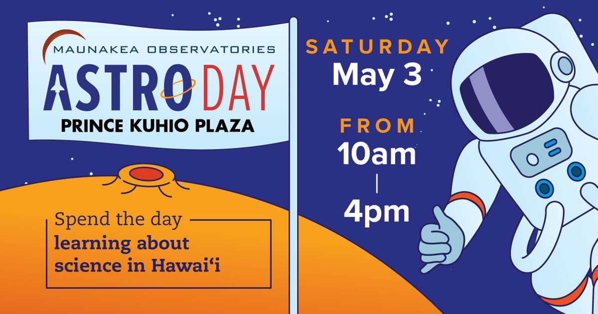SubaruTelescope's tweet image. 5月3日(土)、毎年恒例アストロ・デー が、ハワイ島ヒロのショッピングモールで開催されます。#すばる望遠鏡 ブースでは、🌈分光実験して新装置 #PFS を知ろう、超広視野主焦点カメラ #HSC が捉えた広大な宇宙画像を巡ろう🤩、キッズ向けアクティビティ🖍️の三本立てで皆様のお越しをお待ちしています。
