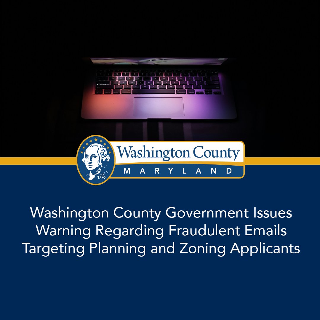 WashingtonCoMD's tweet photo. Washington County is alerting residents and applicants of the Department of Planning and Zoning to a recent scam involving fraudulent emails impersonating County officials and requesting wire payments for planning application fees.

Full release: https://t.co/Czenz4P82d https://t.co/JsUAsw6QdK