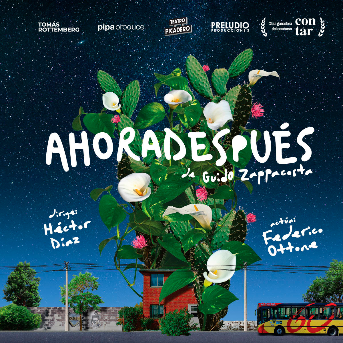 TEATRO │ AHORA DESPUÉS - 2024
Obra ganadora del Concurso Contar. Ahora después es la reconstrucción del vínculo de un hijo con su padre. El viaje que nos propone tiene paisajes variados, todos los climas, y accidentes geográficos que irá sorteando. Teatro Picadero.