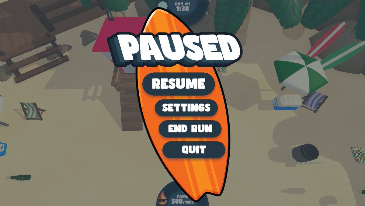 Current look at our pause menu, y'all vibing with the surfboard? 🏄 #conceptart #indiedev #gamedev #unity3d