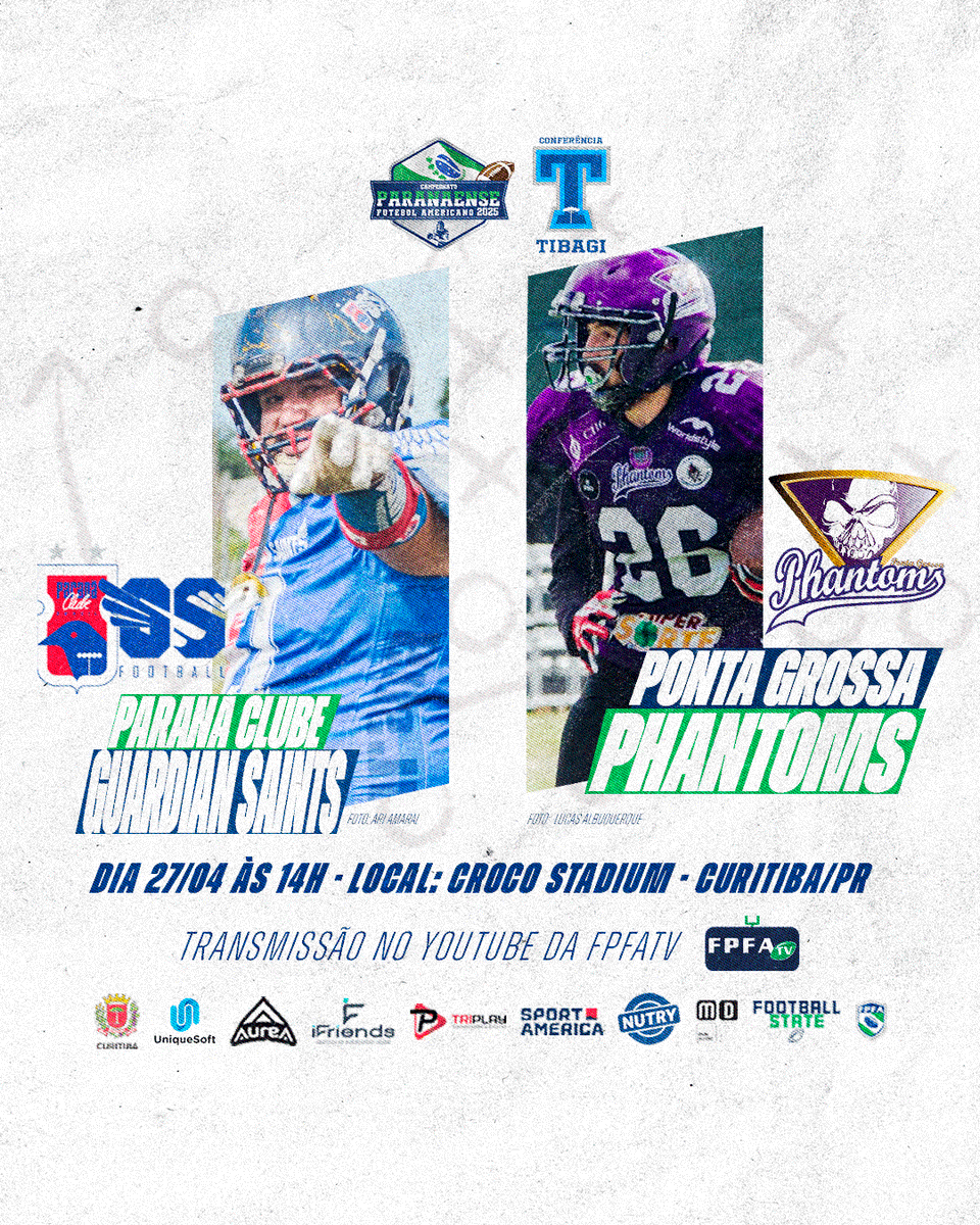 fpfaoficial's tweet photo. O Paraná Clube Guardian Saints recebe o Ponta Grossa Phantoms e um jogo super decisivo.

Vale vaga no Wild Card do Campeonato Paranaense de Futebol Americano.

Jogo com transmissão no Youtube da FPFATV. 

#FPFA #FOOTBALL #FOOTBALLSTATE #FUTEBOLAMERICANO #INCENTIVOESPORTECURITIBA https://t.co/E4YCwQsRhh