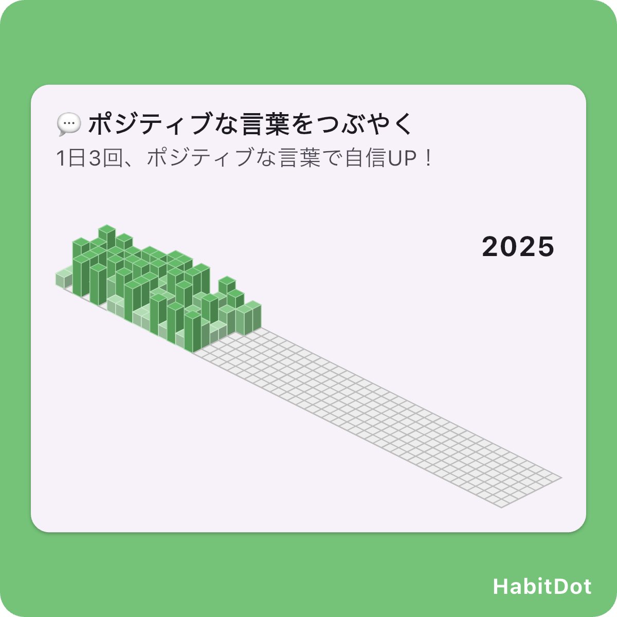 HabitDotApp's tweet photo. 💬ポジティブな言葉で1日をスタート！

毎日3回、自分にポジティブな言葉をかけるだけで、
自信がぐんぐんUP⤴️✨

小さな習慣が大きな変化を生む！
1日がもっと明るくなる実感を、
毎日少しずつ感じている✨

#HabitDot でコツコツ続けてます📊

#心のケア #メンタルヘルス #小さな習慣 https://t.co/nDDQN7q9cu