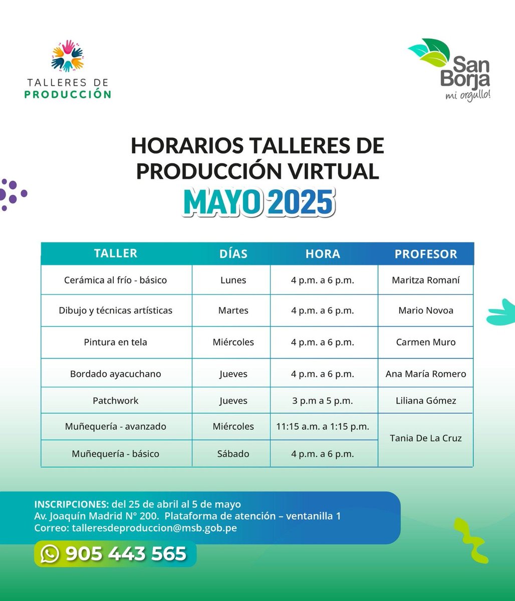 MunideSanBorja's tweet image. ¡Talleres de producción #virtuales para ti! 
Conoce nuestros horarios e inscríbete hasta el 5 de mayo en la Plataforma de Atención ubicada en la 📍Av. Joaquín Madrid 200. 

Para mayor información comunícate por 📲 whatsapp al 905443565 o correo 📥: talleresdeproduccion@msb.gob.pe