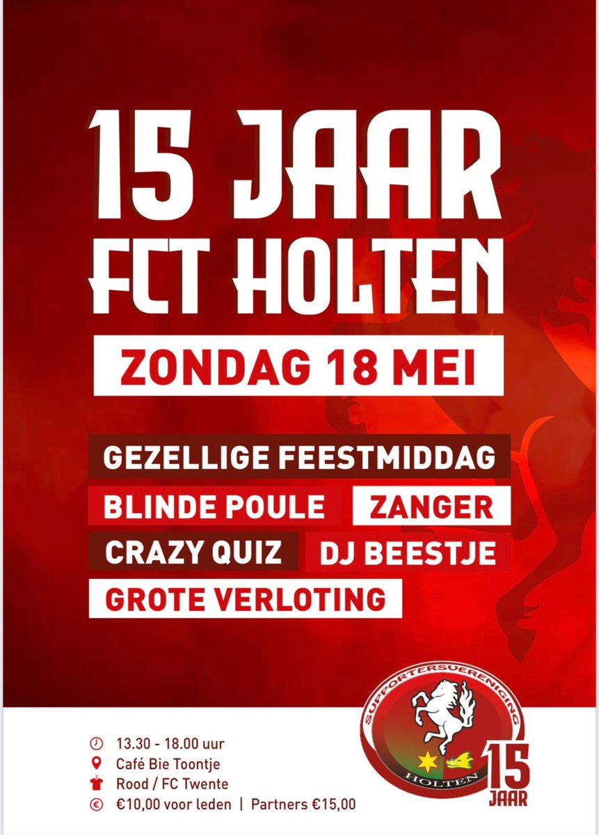 fctholten's tweet photo. Blokkeer zondag 18 mei in je agenda! Gezellig jubileum feest!
Tickets kosten maar € 10,- voor leden en zijn te koop vóór vertrek naar de wedstrijden tegen Utrecht en AZ in Bie Toontje.
Voor dat tientje krijg je een volledig verzorgde middag, vanaf 13:30 tot ongeveer 18:00 uur. https://t.co/YaMIQzV2UV