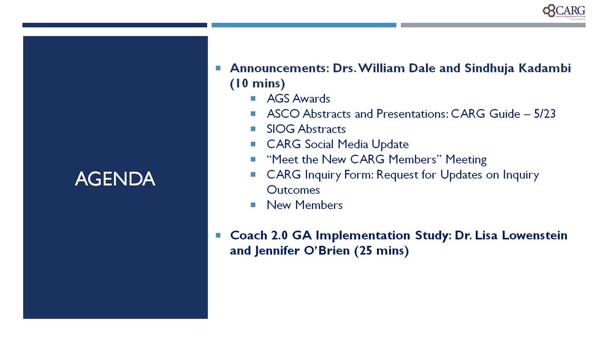 Cancer and Aging Research Group (CARG) #GeriOnc (@mycarg) on Twitter photo 🔉📷 Join us at the upcoming bi-weekly
<a href="/myCARG/">Cancer and Aging Research Group (CARG) #GeriOnc</a> meeting!
4/29 at 11am PT/2pm ET Co-leads: Drs. <a href="/WilliamDale_MD/">William Dale, MD, PhD, FASCO</a> and <a href="/kgsindhu/">Sindhuja Kadambi</a>
*Agenda*
-Announcements
-COACH 2.0 GA Implementation Study: Dr. <a href="/LMLowensteinPhD/">Lisa Lowenstein PhD</a> and Jennifer O'Brien 🔉📷 Join us at the upcoming bi-weekly
<a href="/myCARG/">Cancer and Aging Research Group (CARG) #GeriOnc</a> meeting!
4/29 at 11am PT/2pm ET Co-leads: Drs. <a href="/WilliamDale_MD/">William Dale, MD, PhD, FASCO</a> and <a href="/kgsindhu/">Sindhuja Kadambi</a>
*Agenda*
-Announcements
-COACH 2.0 GA Implementation Study: Dr. <a href="/LMLowensteinPhD/">Lisa Lowenstein PhD</a> and Jennifer O'Brien