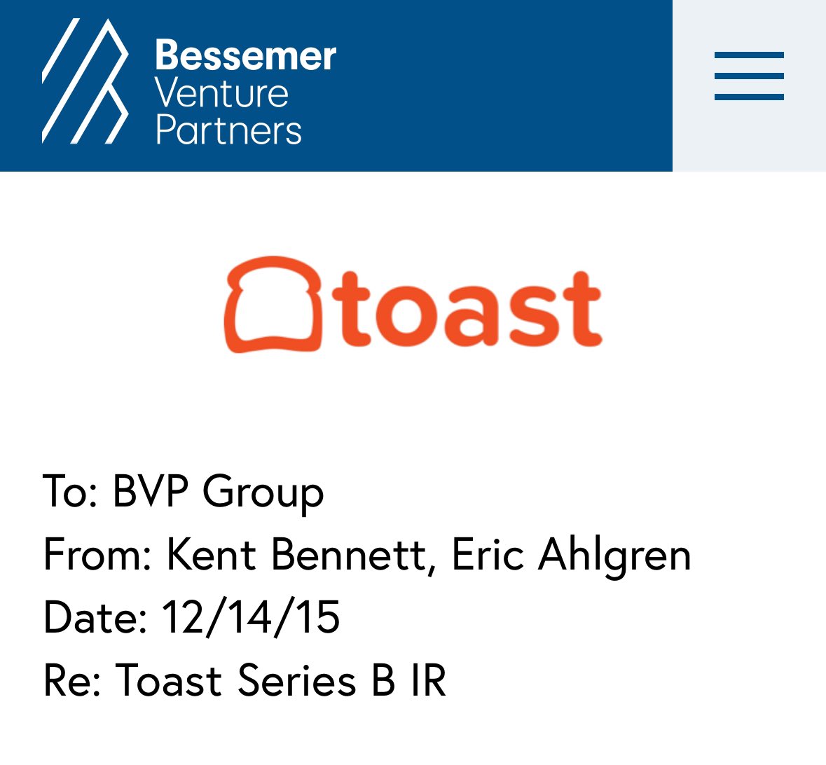 ChatGPT found Bessemer memo. Wow! “We recommend a $17.5M investment in the  $24M first institutional round of Toast, a Boston based company selling  restaurant point of sale (POS) software. Our $17.5M will