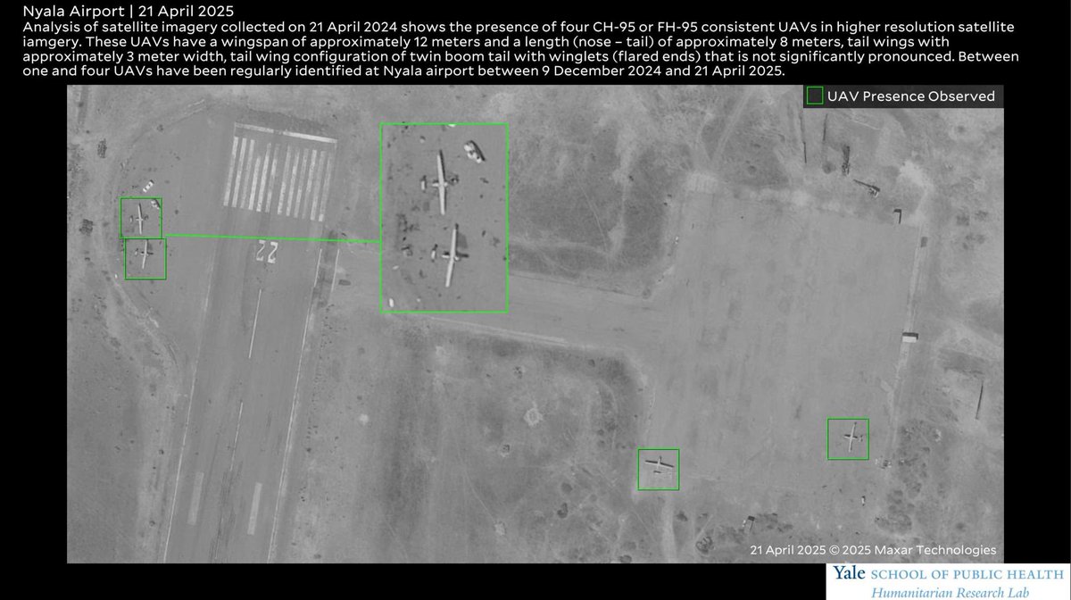 Humanitarian Research Lab (HRL) at YSPH (@hrl_yalesph) on Twitter photo 🚨6 UAVs at RSF-held Nyala Airport🚨 weapons likely consistent with CH-95s or FH-95s capable of long-range surveillance + strikes. RSF received advanced weapons systems while committing atrocities in Zamzam IDP Camp.
🛰️ @Planet <a href="/Maxar/">Maxar Technologies</a>
medicine.yale.edu/lab/khoshnood/… 🚨6 UAVs at RSF-held Nyala Airport🚨 weapons likely consistent with CH-95s or FH-95s capable of long-range surveillance + strikes. RSF received advanced weapons systems while committing atrocities in Zamzam IDP Camp.
🛰️ @Planet <a href="/Maxar/">Maxar Technologies</a>
medicine.yale.edu/lab/khoshnood/…
