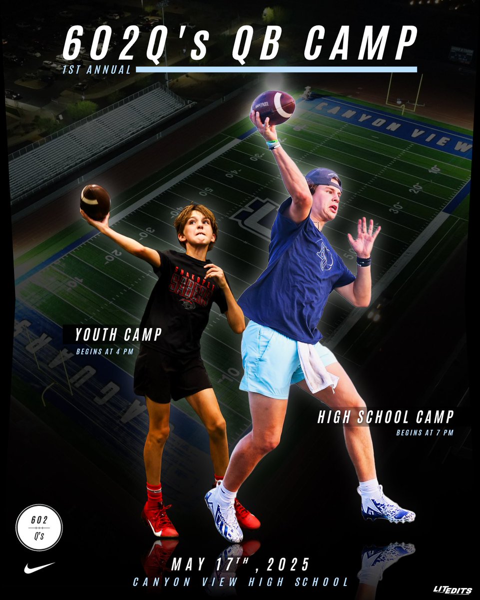 Attention Arizona Quarterbacks!

Spots are still available for our 1st Annual 602Qs Camp on May 17th — don’t miss out!

Youth Camp: 4–6 PM
High School Camp: 7–9 PM
Receivers welcome — FREE to attend!

Coaching led by:
Conner Cordts, Lead Coach &amp; Director of 602Q’s Operations