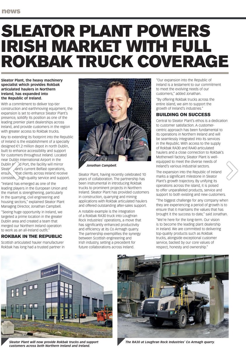 Sleator Plant (@sleatorplant) on Twitter photo Really good article from latest edition of <a href="/PlantandCivil/">Plant & Civil Engineer Magazine</a> featuring us acquiring <a href="/rokbak_haulers/">Rokbak</a> dealership for all of Ireland.
This enables us to provide a comprehensive sales and aftermarket service from Belfast and now Dublin, for a prestigious brand.
<a href="/BallyveseyLtd/">Ballyvesey Holdings Ltd</a> Really good article from latest edition of <a href="/PlantandCivil/">Plant & Civil Engineer Magazine</a> featuring us acquiring <a href="/rokbak_haulers/">Rokbak</a> dealership for all of Ireland.
This enables us to provide a comprehensive sales and aftermarket service from Belfast and now Dublin, for a prestigious brand.
<a href="/BallyveseyLtd/">Ballyvesey Holdings Ltd</a>