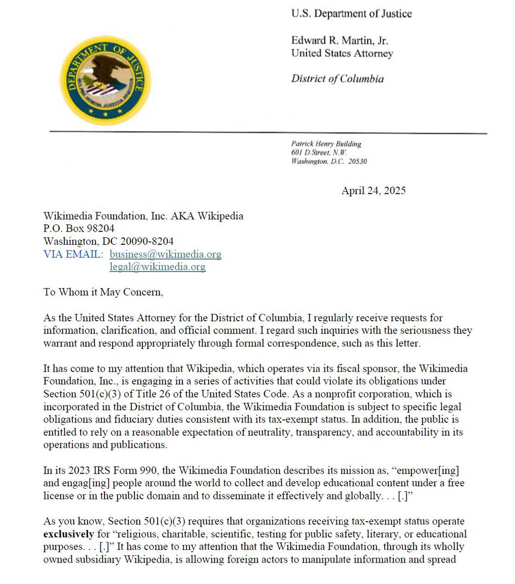 JewsFightBack's tweet image. 🚨BOOM. WIKIPEDIA JUST GOT SLAPPED WITH A FEDERAL WAKE-UP CALL.

The Department of Justice just dropped the hammer — the U.S. Attorney for D.C. is formally accusing the Wikimedia Foundation of violating its 501(c)(3) status by letting propagandists flood the platform with…