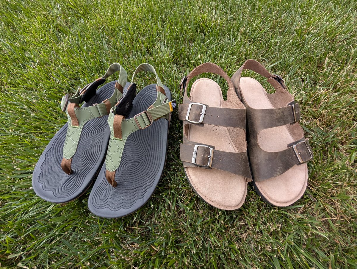 justinowings's tweet photo. Business or casual sandals. 

Below, Lems "Switchback" vs. Soft Star "Camino."

I like these both, so far. Both very different from each other. Bought the Soft Stars a couple weeks back and just got the Lems this afternoon.

Lemme know if you have any questions. https://t.co/i5o9a05bmz