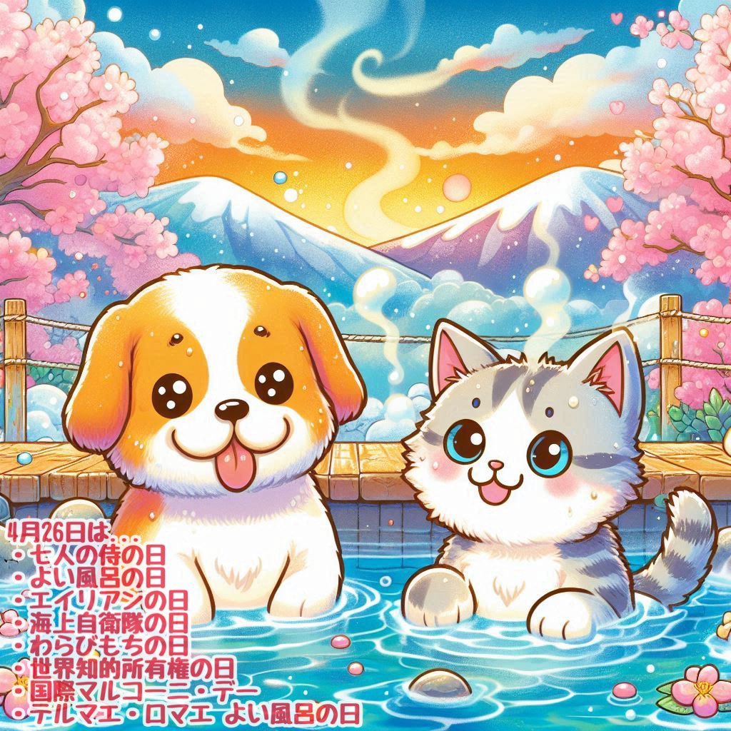 4月26日は...❶七人の侍の日❷よい風呂の日❸エイリアンの日❹海上自衛隊の日❺わらびもちの日❻世界知的所有権の日❼国際マルコーニ・デー❽テルマエ・ロマエ よい風呂の日❾リメンバー・チェルノブイリ・デー...①1954年(昭和29年)のこの日に黒澤明監督、三船敏郎主演の映画"七人の侍"が公開されたこ