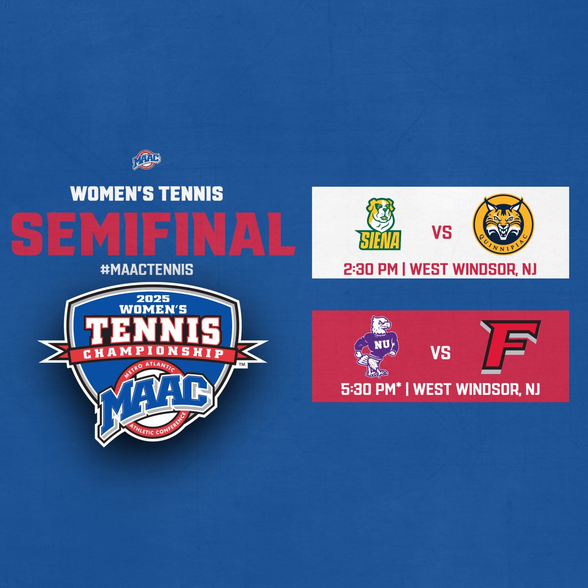 SCHEDULE UPDATE 🚨

Due to the impending inclement weather, tomorrow's Tennis Championships schedule has adjusted. 

Men are moving indoors with matches at 8:30am and 11:30am

Women are 2:30pm and 5:30pm if indoors or both at 2:30pm if the matches can be played outdoors