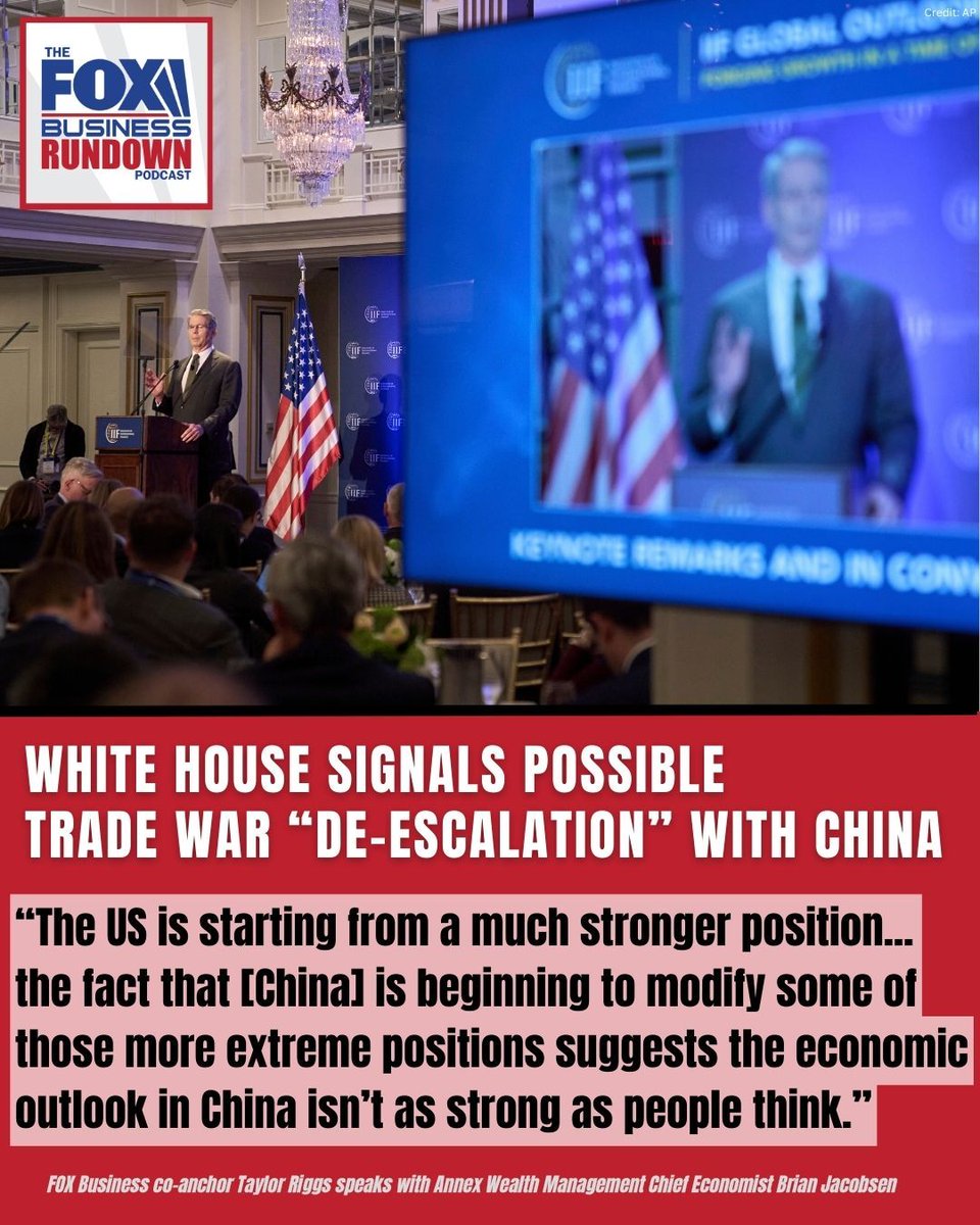 FOX News Radio (@foxnewsradio) on Twitter photo The White House is projecting confidence in resolving trade disputes, with <a href="/USTreasury/">Treasury Department</a>
<a href="/SecScottBessent/">Treasury Secretary Scott Bessent</a> saying, “There will be a de-escalation with China in the very near future.”
@foxbusiness co-anchor <a href="/RiggsReport/">Taylor Riggs, CFA</a> speaks with <a href="/AnnexWealth/">Annex Wealth Management</a> chief economist about the trade war The White House is projecting confidence in resolving trade disputes, with <a href="/USTreasury/">Treasury Department</a>
<a href="/SecScottBessent/">Treasury Secretary Scott Bessent</a> saying, “There will be a de-escalation with China in the very near future.”
@foxbusiness co-anchor <a href="/RiggsReport/">Taylor Riggs, CFA</a> speaks with <a href="/AnnexWealth/">Annex Wealth Management</a> chief economist about the trade war