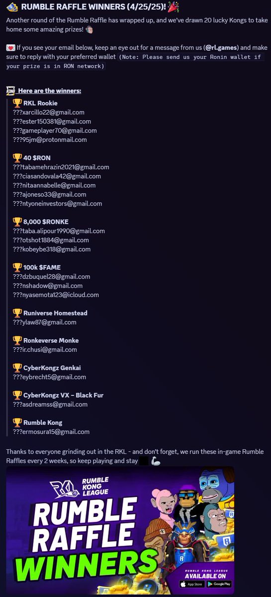 N | $FAME (@n_crptd) on Twitter photo Just wrapped up another ๐ฅ Rumble Raffle for <a href="/RumbleKongs/">Rumble Kong League</a>! Big shoutout to all the winners
Come join the chaos on Discord & stay updated with the latest๐ฆ
#PlayRKL #KongStrong #WeAreKong Just wrapped up another ๐ฅ Rumble Raffle for <a href="/RumbleKongs/">Rumble Kong League</a>! Big shoutout to all the winners
Come join the chaos on Discord & stay updated with the latest๐ฆ
#PlayRKL #KongStrong #WeAreKong