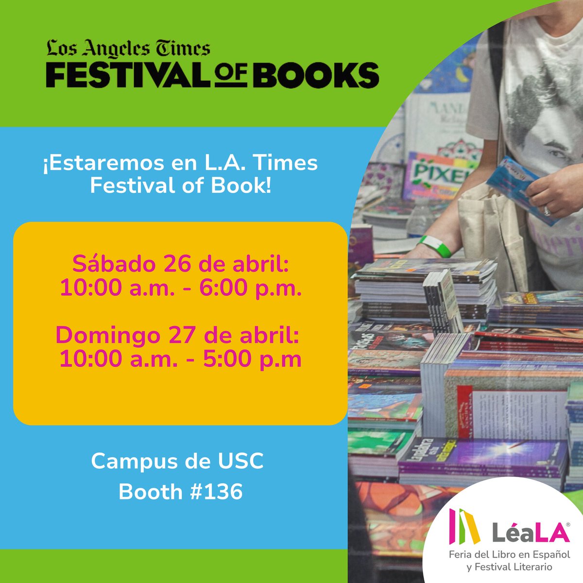Feria del Libro en Español y Festival Literario (@festivalleala) on Twitter photo ¡Este fin de semana nos vemos en el L.A. Times Festival of Books! 📚✨
Visítanos en nuestro booth #136 para descubrir todo sobre la próxima edición de LéaLA 2025💖. Acompáñanos a celebrar la literatura latina juntos.✨ <a href="/latimesfob/">LA Times Festival of Books</a>
#LéaLA #LATimesFestivalOfBooks #Literatura ¡Este fin de semana nos vemos en el L.A. Times Festival of Books! 📚✨
Visítanos en nuestro booth #136 para descubrir todo sobre la próxima edición de LéaLA 2025💖. Acompáñanos a celebrar la literatura latina juntos.✨ <a href="/latimesfob/">LA Times Festival of Books</a>
#LéaLA #LATimesFestivalOfBooks #Literatura