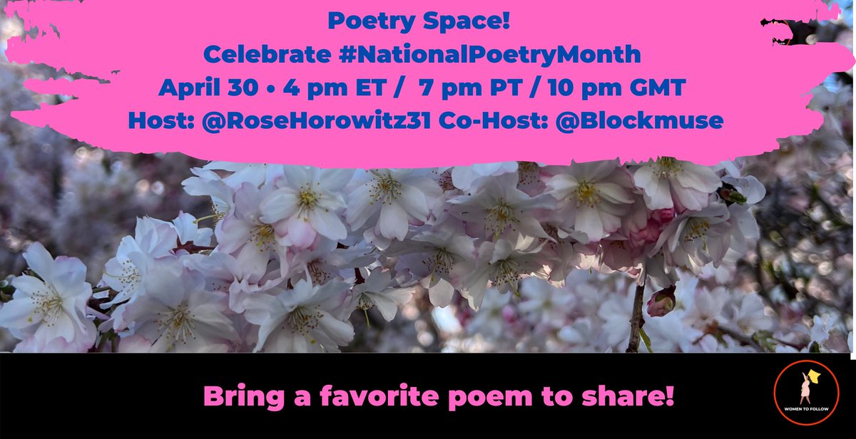 Poetry Space: Here for the Fresh Air!
Hosted by <a href="/RoseHorowitz31/">Rose Horowitz, #WomenToFollow💃🏼</a> &amp;
<a href="/blockmuse/">BlockMuse</a> 

🙌🏻  When: April 30, 2025
🦋  Time: 4 pm ET / 7 pm PT / 10 pm in Ireland
👉🏻  Link: x.com/i/spaces/1zqJV…

#NationalPoetryMonth 
Bring a poem to share!