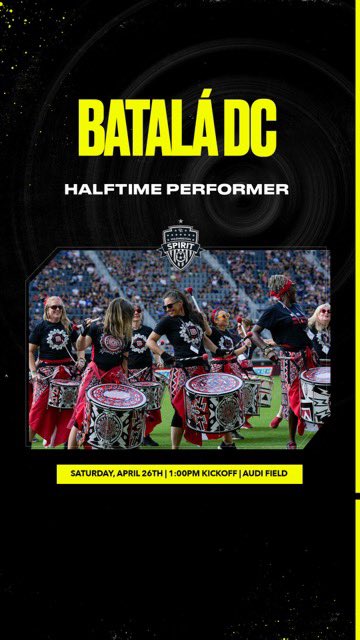 BatalaDC's tweet image. We’re back at Audi Field this Saturday for what’s sure to be an action packed battle between our @WashSpirit &amp;amp; Gotham FC! Join us at 12p while we pump up the crowd at the Sandlot and then don’t miss our halftime performance on the pitch! 🥁⚽️ Get your tickets now!