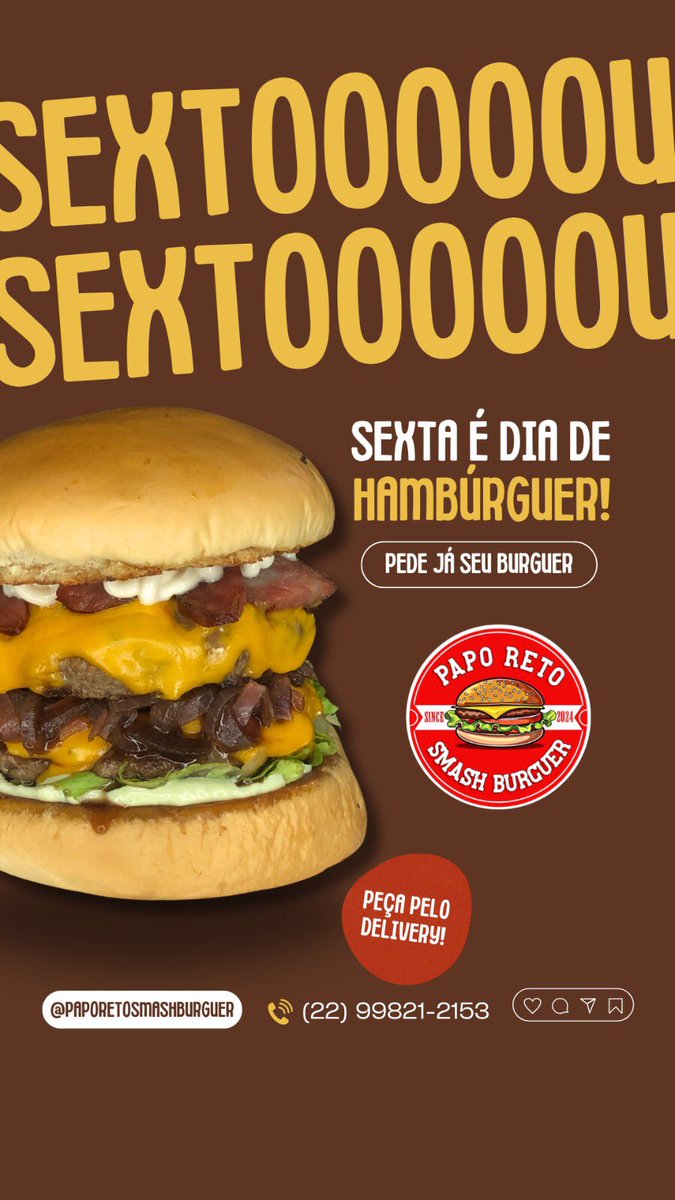 Patolinodj1's tweet photo. 🍔 Sextou com S de Smash!
Hoje é dia de esquecer a dieta e colar no Papo Reto Smash Burguer!
Bora garantir aquele burgão caprichado? 🤤🔥
Chama a gente no zap ou cola no iFood!
22 99821-2153 https://t.co/8mFV2C1OJo