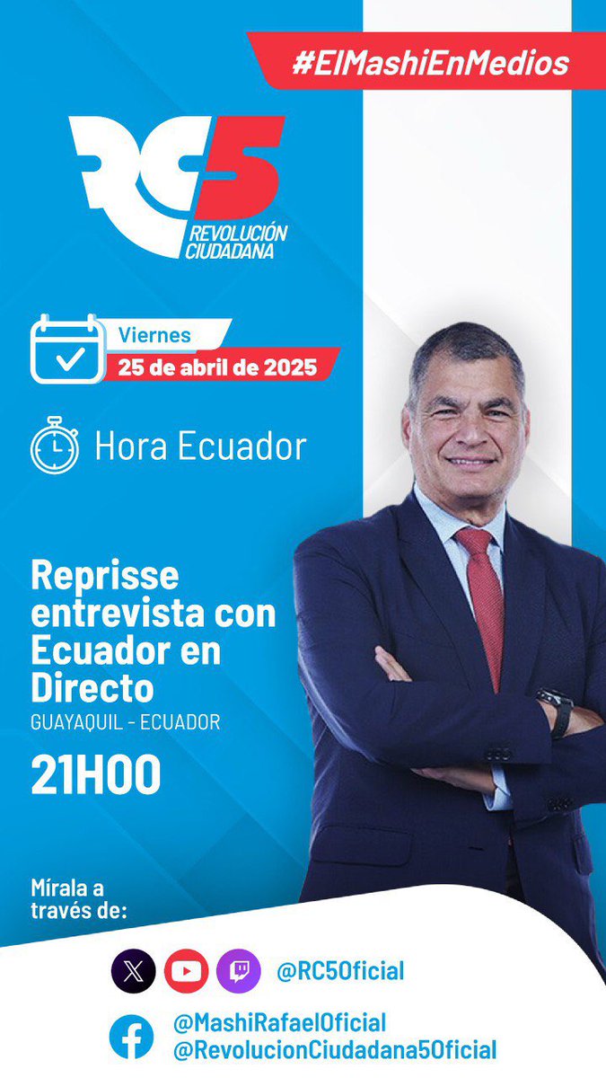 📌#ElMashiEnMedios | Este viernes, acompañemos a <a href="/MashiRafael/">Rafael Correa</a> durante su recorrido por medios en el que hablará sobre el #Megafraude y Defensa de la Democracia.

‼️ REPRISSE
🗓️ 25 / Abril
⏰ 21h00
📻 Ecuador en Directo