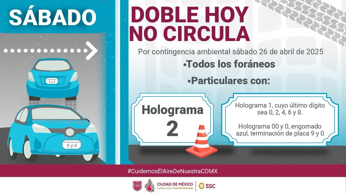 La <a href="/CAMegalopolis/">CAMegalópolis</a> informa activación de contingencia ambiental por ozono, mañana sábado 26 de abril; el programa #HoyNoCircula aplica a vehículos con holograma 2, holograma 1 terminación de placa 2, 4, 6, 8 y 0; también holograma 0 y 00 engomado azul terminación 9 y 0, de 5:00 a