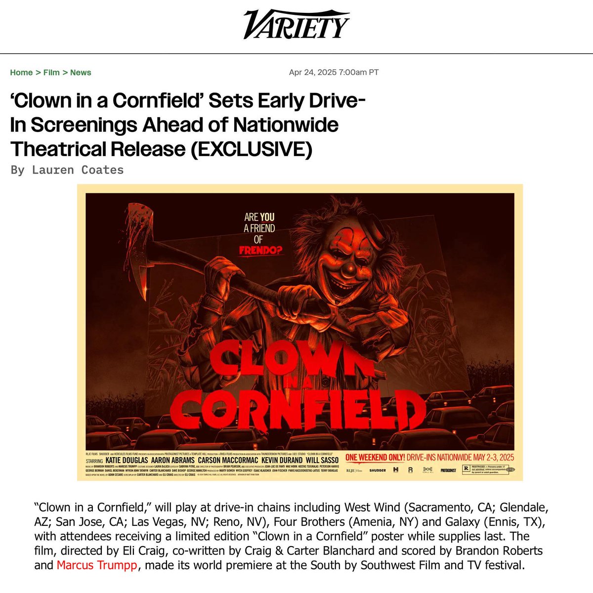 Mgmt_DD's tweet image. From Variety, watch 𝘾𝙇𝙊𝙒𝙉 𝙄𝙉 𝘼 𝘾𝙊𝙍𝙉𝙁𝙄𝙀𝙇𝘿 at a drive-in ahead of its 5/20 release &amp;amp; get a limited edition poster! 𝘾.𝙄.𝘼.𝘾. was co-scored by our uber talented client, Marcus Trumpp! #marcustrumpp

Article shorturl.at/12F4E
Tickets shorturl.at/8Kz8H