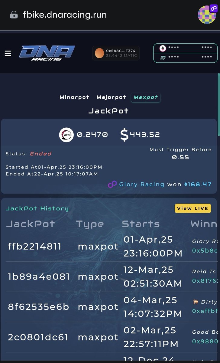 The other day I was entering @DNARacing2023 races trying to qualify for the current tournament, and a random $3 buy in triggered the maxpot jackpot. It definitely gave me a nice little rush and even though I want the whole thing, every genesis got a piece of the pie. #Web3Gaming