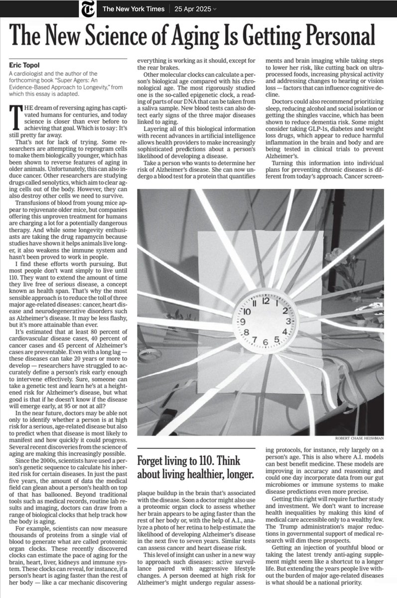 Eric Topol (@erictopol) on Twitter photo My op-ed in print <a href="/nytimes/">The New York Times</a> today on science of aging
gift link: nytimes.com/2025/04/21/opi… My op-ed in print <a href="/nytimes/">The New York Times</a> today on science of aging
gift link: nytimes.com/2025/04/21/opi…