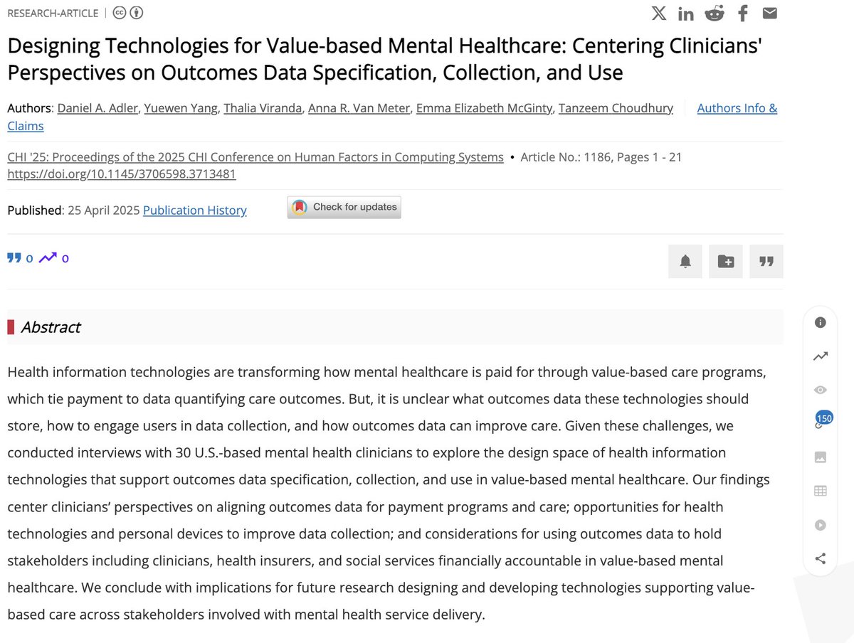 Dan Adler is on the TT job market! (@dadler27) on Twitter photo Landed at #CHI2025! I'll be...
(1) Presenting our paper on data in mental healthcare payment programs.
(2) On the lookout for folks interested in developing AI systems to support mental healthcare.
Prospective PhD students, say hi! I'm recruiting <a href="/UMichCSE/">Computer Science and Engineering at Michigan</a> next cycle. Landed at #CHI2025! I'll be...
(1) Presenting our paper on data in mental healthcare payment programs.
(2) On the lookout for folks interested in developing AI systems to support mental healthcare.
Prospective PhD students, say hi! I'm recruiting <a href="/UMichCSE/">Computer Science and Engineering at Michigan</a> next cycle.