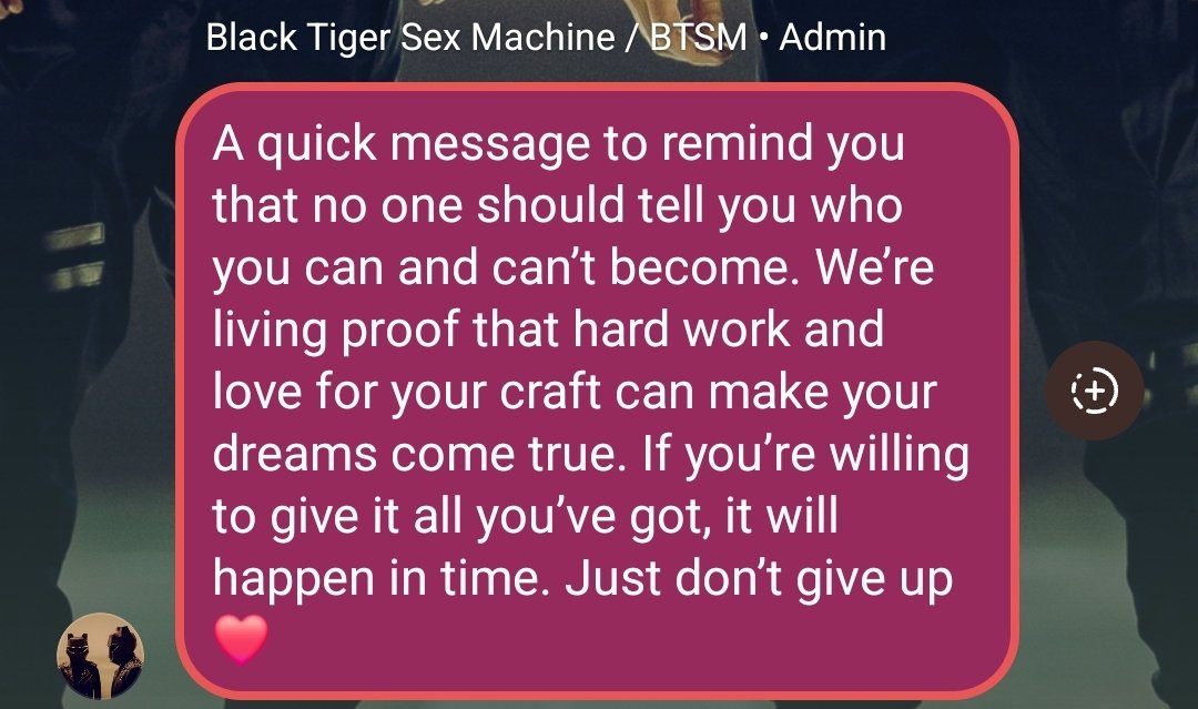 Drumanite (@drumanite) on Twitter photo I'm in the BTSM group chat on Instagram, and let me tell you.
This was something I really needed especially since after releasing my Debut EP a few weeks ago I have been struggling with my craft.
Thank you <a href="/OfficialBTSM/">Black Tiger Sex Machine</a> ! 🙏🏾🥁💚 I'm in the BTSM group chat on Instagram, and let me tell you.
This was something I really needed especially since after releasing my Debut EP a few weeks ago I have been struggling with my craft.
Thank you <a href="/OfficialBTSM/">Black Tiger Sex Machine</a> ! 🙏🏾🥁💚