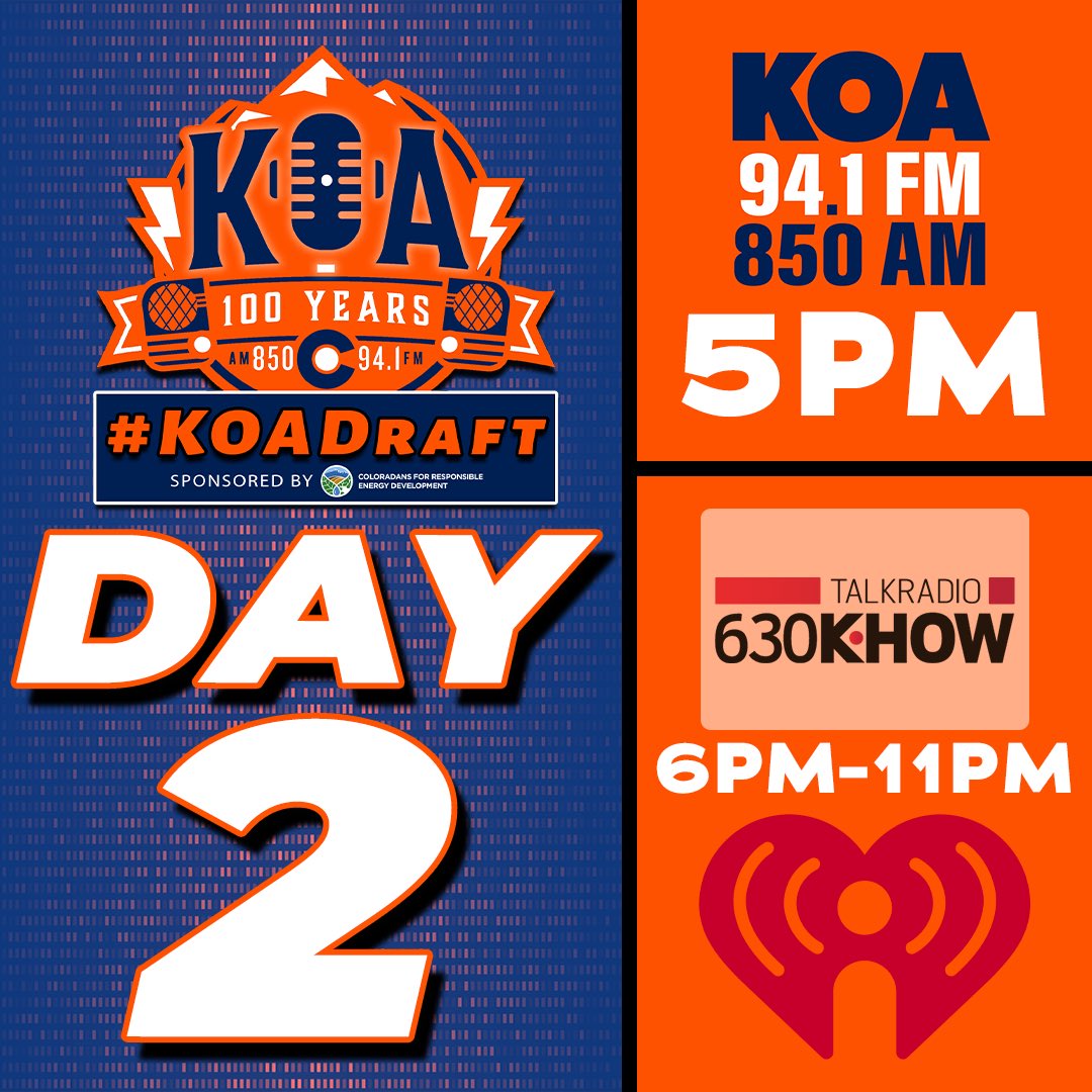 #KOADraft Day 2️⃣ sponsored by <a href="/CREDorg/">CRED</a> kicks off‼️

LISTEN ⬇️
5pm 🔗 KOAColorado.com/Listen
6pm-11pm 🔗 KHOW.com/Listen