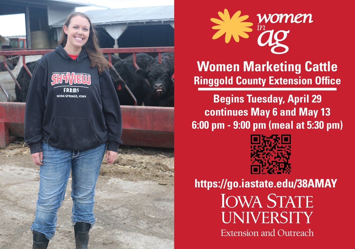 Learn how you can utilize futures prices to help manage price risk and develop a marketing plan. Sign up for Women Marketing Cattle in Mt. Ayr. This 3-week class begins Tuesday, April 29.
Register today! go.iastate.edu/38AMAY