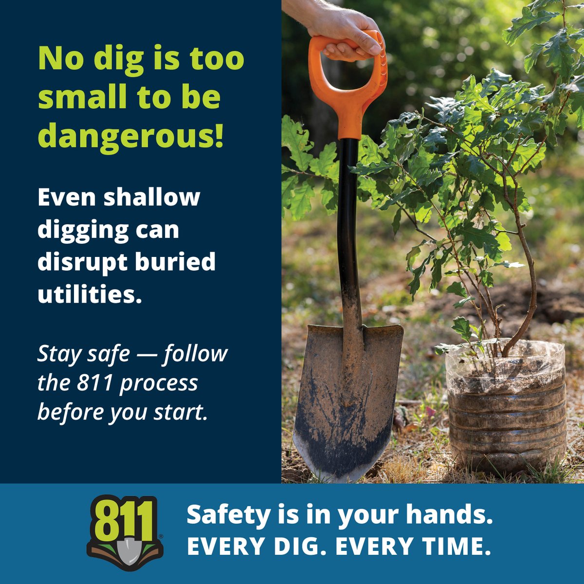 Digging without knowing what’s underground can put YOU, your neighbors &amp; your community at risk.

One easy step can prevent accidents: Contact 811 at least a few days before digging to have underground utility lines marked.

Be smart. Be safe. Spread the word! #SafeDiggingMonth