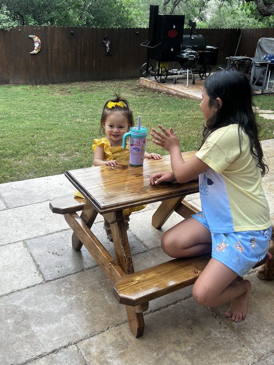 the_spookyteach's tweet image. Thank you @HarlanCTE @NISDHarlan for the tiny picnic table!! My niece and daughter love it!! #HawkYeah