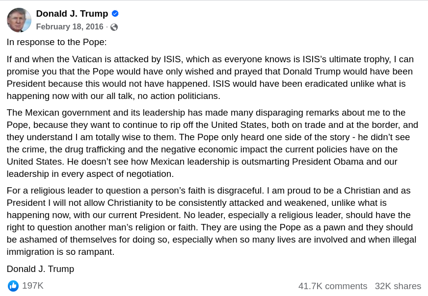 <a href="/mvandemar/">Michael VanDeMar</a> <a href="/RonFilipkowski/">Ron Filipkowski</a> New to me is his past 2016 tweet that will now also be filed under #StuffTrumpSaid, Subject, RE: Pope Francis