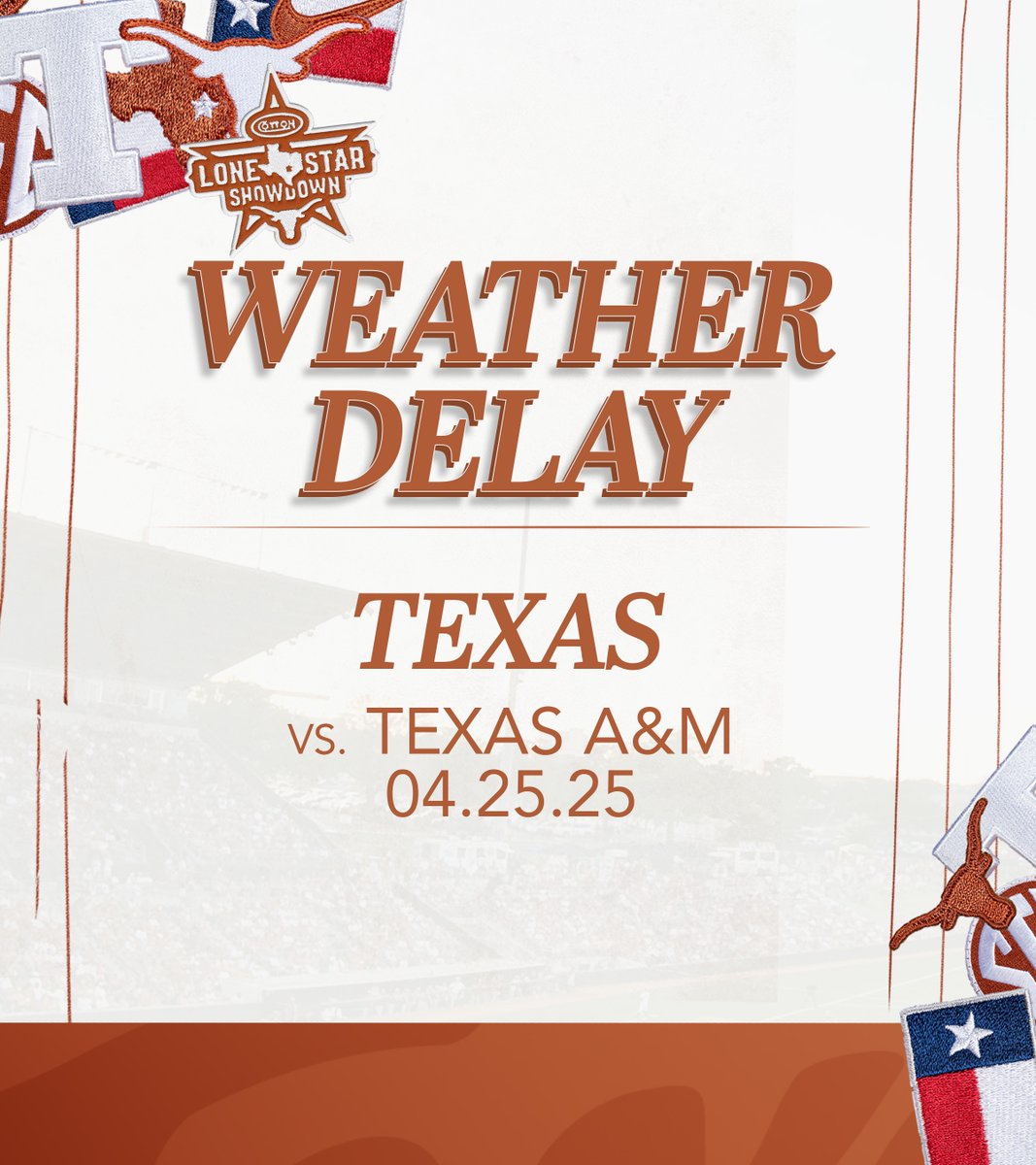 Texas Baseball (@texasbaseball) on Twitter photo tonight's game will not start at 7 PM, y'all π’
stay dry and we'll keep you posted with more news as we receive it
#HookEm | <a href="/TheCottonWatch/">The Cotton Watch</a> tonight's game will not start at 7 PM, y'all π’
stay dry and we'll keep you posted with more news as we receive it
#HookEm | <a href="/TheCottonWatch/">The Cotton Watch</a>